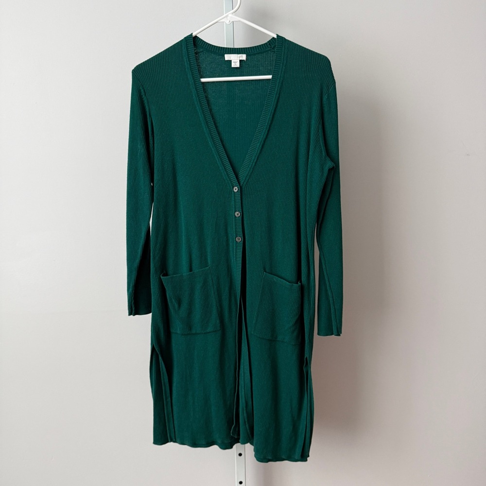J. Jill S/P Green Cardigan Ribbed Silk Longline Duster Sweater Preppy Minimalist